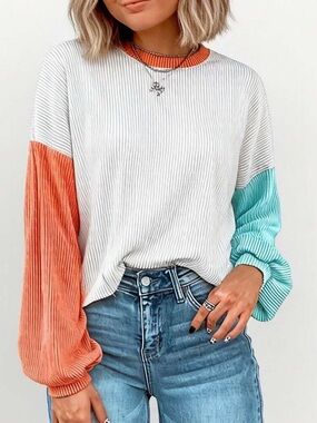 Colorblock Ribbed Long-Sleeve Top - White with Coral and Mint